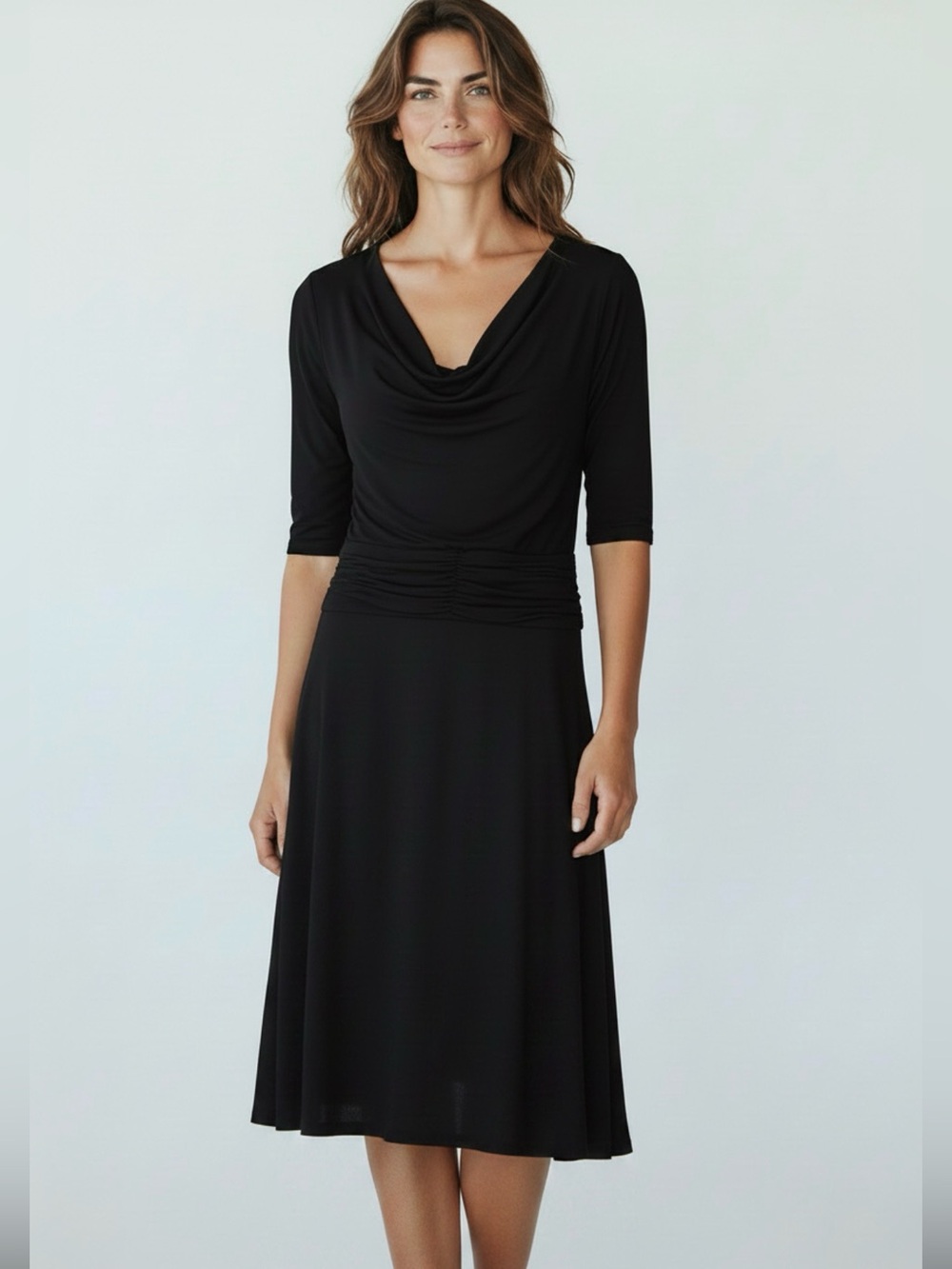 Laura Jeffries Black Cowl Neck Midi Dress Size 10 Elbow Sleeve Elegant LBD